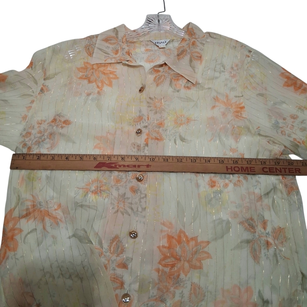 Vintage EUC Womens FINALE Sz. M Off-white/Orange Floral Long Sleeve Sheer Blouse - Picture 7 of 13